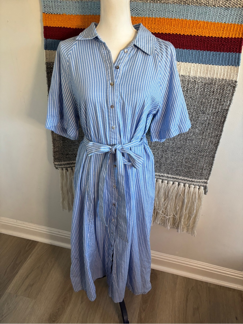 H&M Light Blue and White Striped Maxi Cotton Shirt Dress with Tie Waist